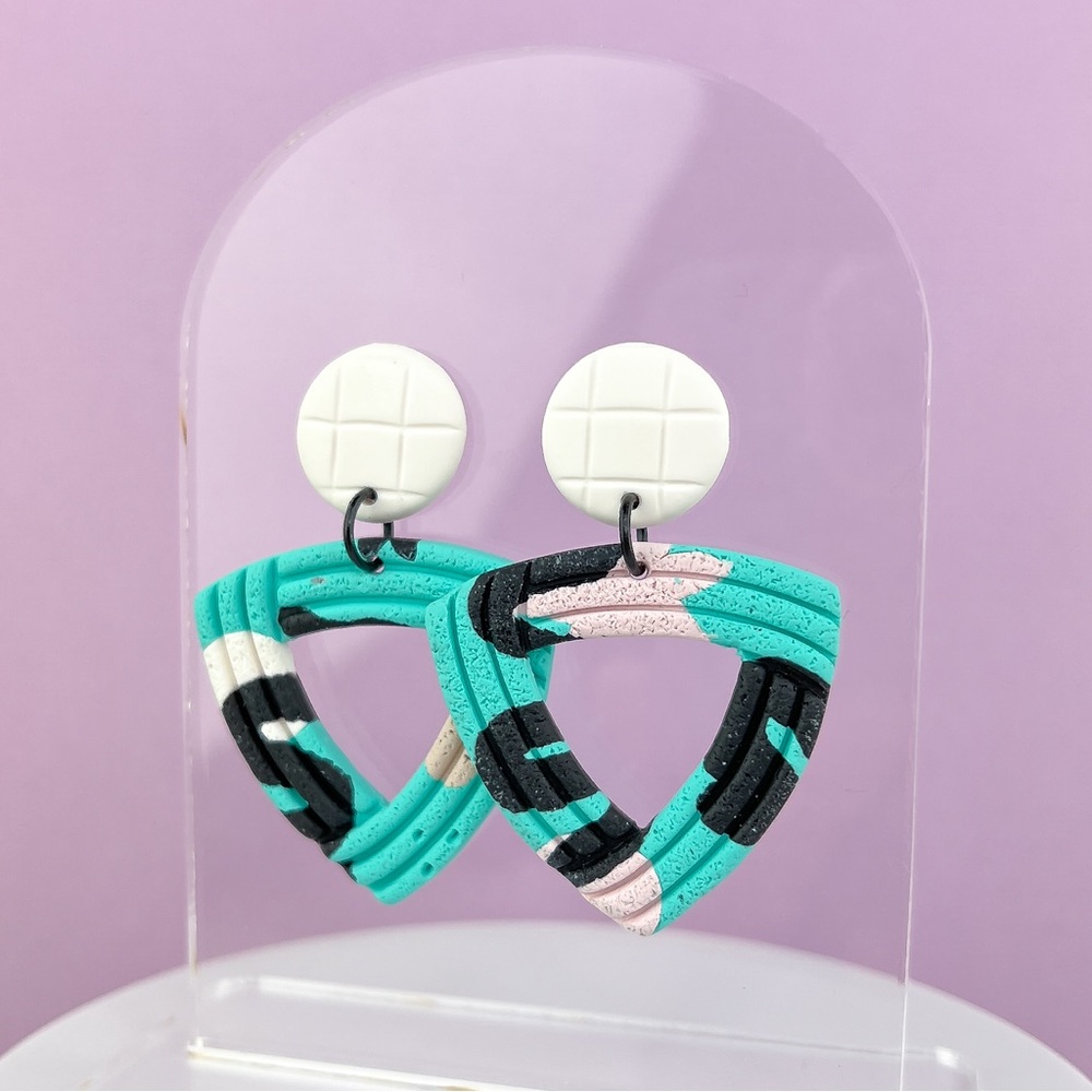 Abstract Textured Design Dangle Hoop Handmade Polymer Clay Earrings